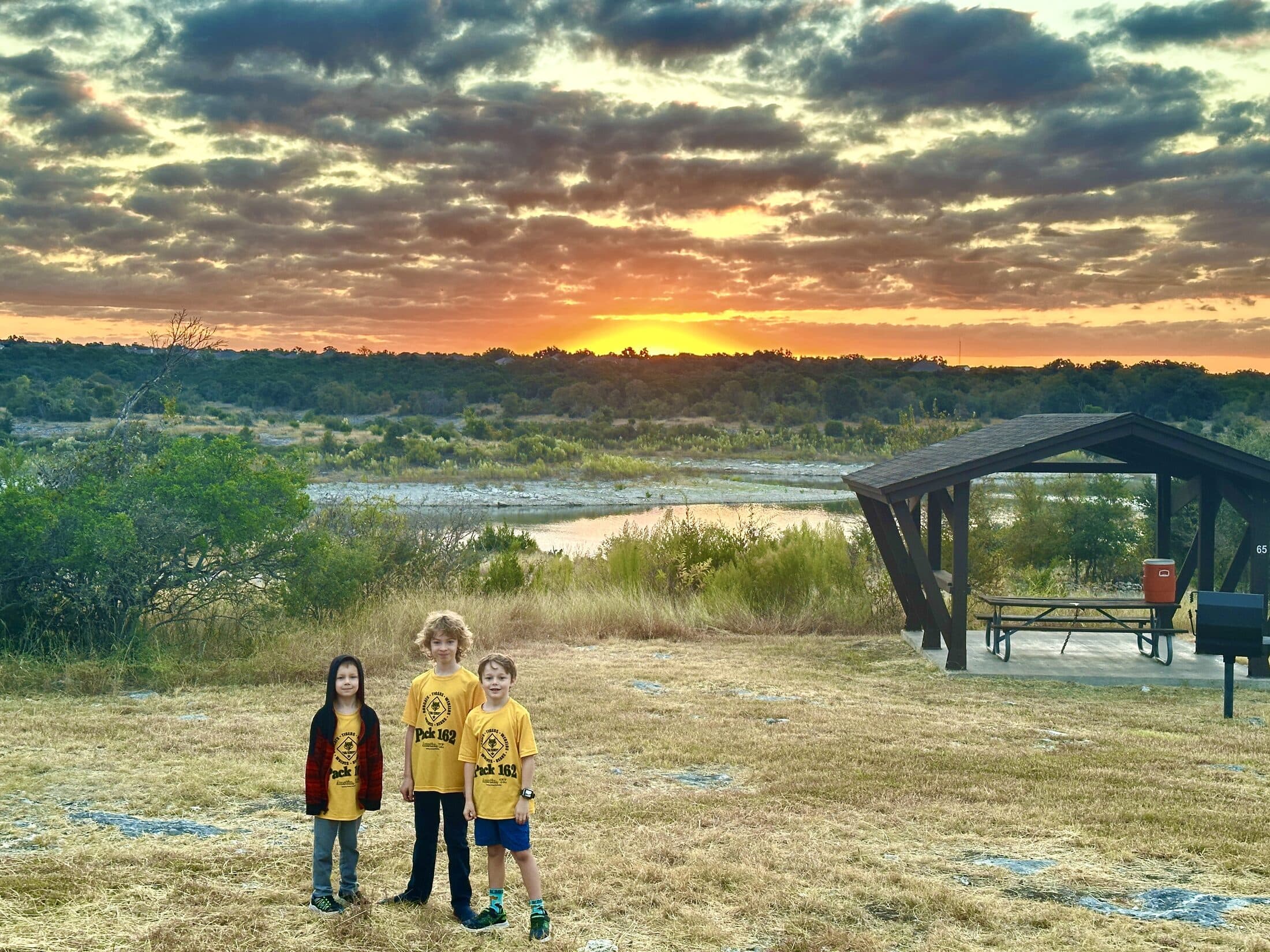 Pack 162 scouts at sunset in the Texas Hill Country