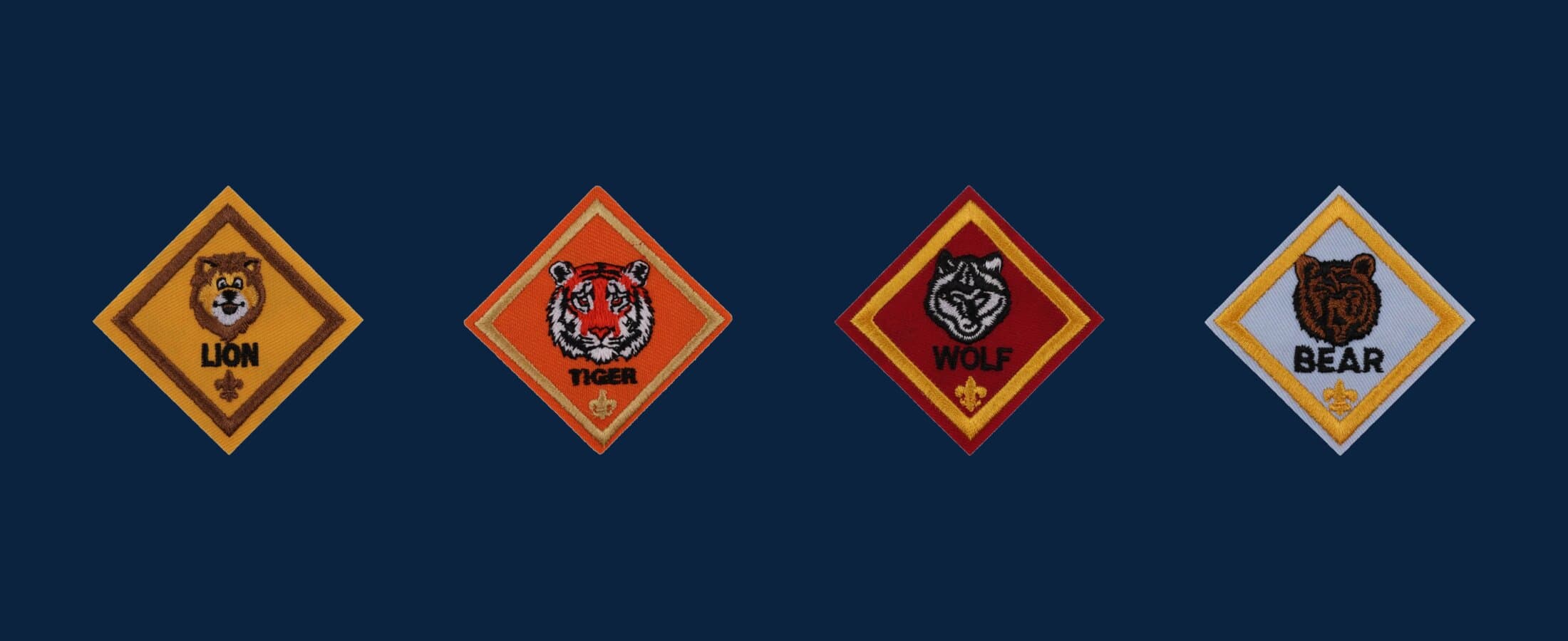 Lion, Tiger, Wolf, and Bear Cub Scout rank patches